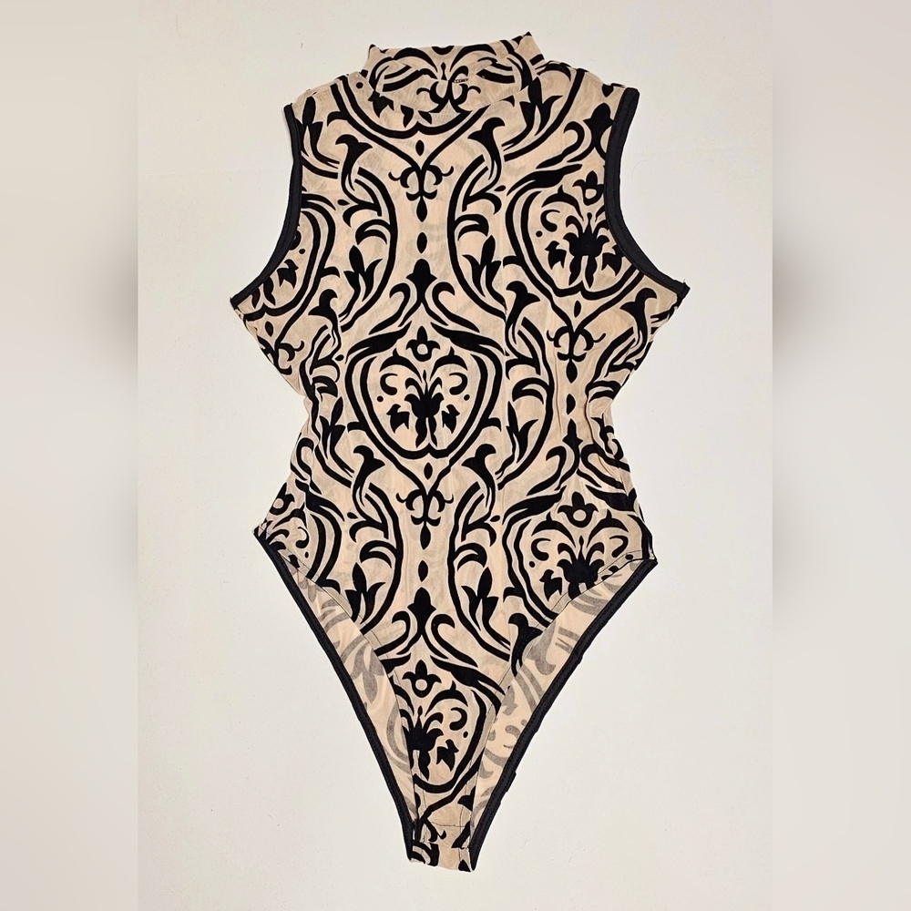 2 Pcs Floral Semi Sheer Mesh/Velvet Burnout Romantic Goth Sleeveless Bodysuit L - Picture 4 of 8